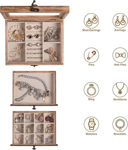 Frebeauty Large Clear Lid Jewelry Box Bundle:Multi-functional with 5 Drawers (White) and 3 Layers Wooden Jewelry Box for Rings Earrings Necklace Bracelets for Women Girls in Kuwait