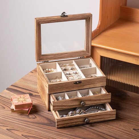Frebeauty Large Clear Lid Jewelry Box Bundle:Multi-functional with 5 Drawers (White) and 3 Layers Wooden Jewelry Box for Rings Earrings Necklace Bracelets for Women Girls in Kuwait
