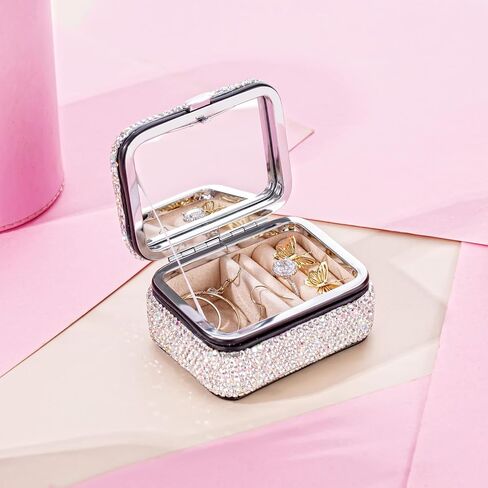 UPPWOO Bling Jewelry Organizer صندوق تخزين مجوهرات صغير محمول حامل مجوهرات لامع للنساء 4 طبقات علبة مجوهرات دوارة مع مرآة للمجوهرات in Saudi Arabia