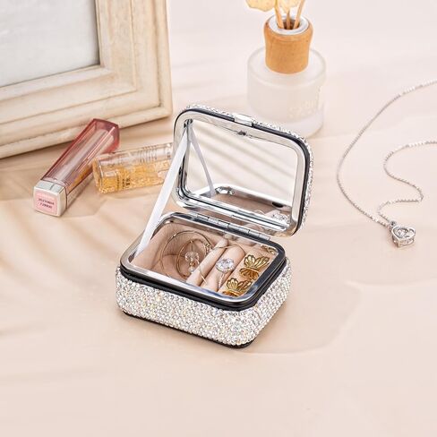 UPPWOO Bling Jewelry Organizer صندوق تخزين مجوهرات صغير محمول حامل مجوهرات لامع للنساء 4 طبقات علبة مجوهرات دوارة مع مرآة للمجوهرات in Saudi Arabia