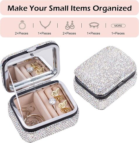 UPPWOO Bling Jewelry Organizer صندوق تخزين مجوهرات صغير محمول حامل مجوهرات لامع للنساء 4 طبقات علبة مجوهرات دوارة مع مرآة للمجوهرات in Saudi Arabia