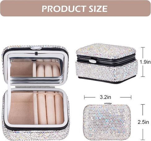 UPPWOO Bling Jewelry Organizer صندوق تخزين مجوهرات صغير محمول حامل مجوهرات لامع للنساء 4 طبقات علبة مجوهرات دوارة مع مرآة للمجوهرات in Saudi Arabia