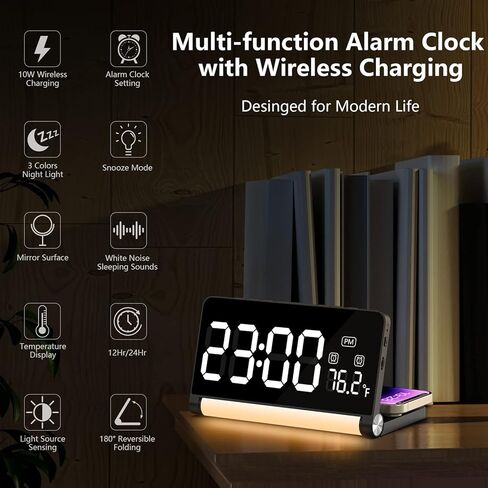 Digital Alarm Clock with Wireless Charging and Night Light for Bedroom,Dual Alarm Clock for Heavy Sleepers Adults Teen,Dimmable Alarm Clock with Sound Control,White Noise,Temperature Display(Black)… in Kuwait