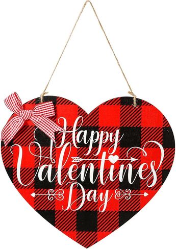 Valentine's Day Door Hanger, Wooden Heart Shaped Happy Valentine's Day Door Sign Red & Black Plaid Sweet Hanging Signs Decoration for Outdoor Wall Party Supplies in Saudi Arabia