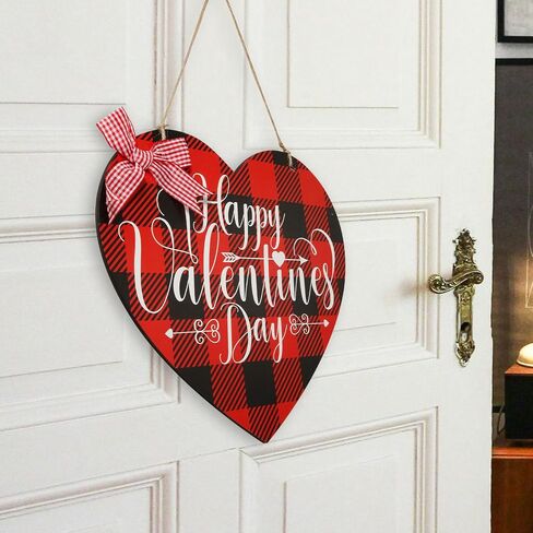 Valentine's Day Door Hanger, Wooden Heart Shaped Happy Valentine's Day Door Sign Red & Black Plaid Sweet Hanging Signs Decoration for Outdoor Wall Party Supplies in Saudi Arabia