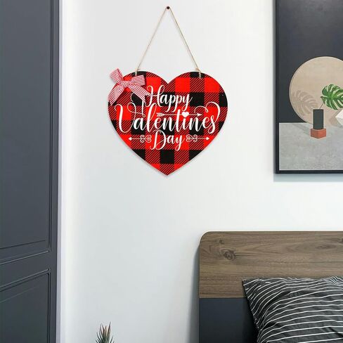 Valentine's Day Door Hanger, Wooden Heart Shaped Happy Valentine's Day Door Sign Red & Black Plaid Sweet Hanging Signs Decoration for Outdoor Wall Party Supplies in Saudi Arabia
