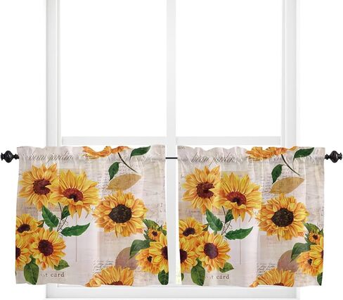 Sunflower Window Tier Curtain 24 Inches Long Set of 2 Panels, Farmhouse Half Windows Rod Pocket Kitchen Curtains Floral Rustic Newspaper Small Kitchen Drapes for Bathroom Cafe 55''x24'' in Kuwait