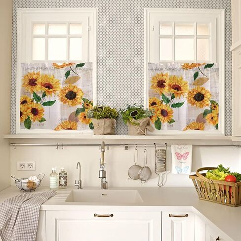 Sunflower Window Tier Curtain 24 Inches Long Set of 2 Panels, Farmhouse Half Windows Rod Pocket Kitchen Curtains Floral Rustic Newspaper Small Kitchen Drapes for Bathroom Cafe 55''x24'' in Kuwait