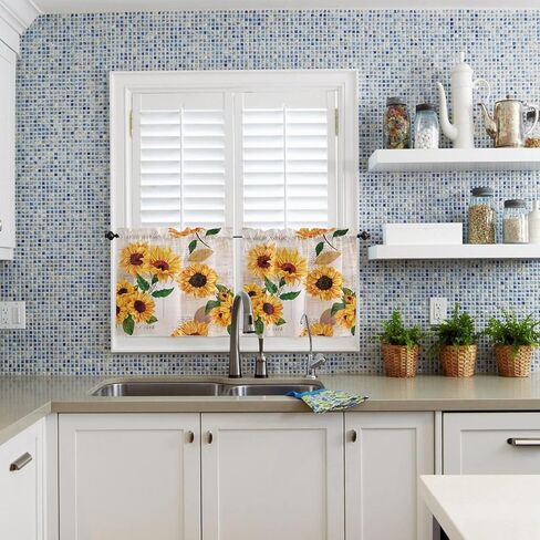 Sunflower Window Tier Curtain 24 Inches Long Set of 2 Panels, Farmhouse Half Windows Rod Pocket Kitchen Curtains Floral Rustic Newspaper Small Kitchen Drapes for Bathroom Cafe 55''x24'' in Kuwait
