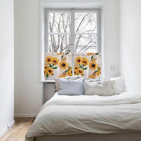 Sunflower Window Tier Curtain 24 Inches Long Set of 2 Panels, Farmhouse Half Windows Rod Pocket Kitchen Curtains Floral Rustic Newspaper Small Kitchen Drapes for Bathroom Cafe 55''x24'' in Kuwait