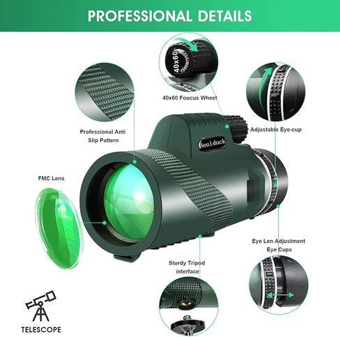 منظار Beniduck 40x60 أحادي العين عالي القوة للبالغين والأطفال مع محول الهاتف وحامل ثلاثي القوائم للتصوير الفوتوغرافي، منشور BAK4، لمشاهدة الطيور، ومشاهدة الألعاب الرياضية، والتخييم، والسفر، والمحمول in Kuwait