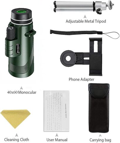 منظار Beniduck 40x60 أحادي العين عالي القوة للبالغين والأطفال مع محول الهاتف وحامل ثلاثي القوائم للتصوير الفوتوغرافي، منشور BAK4، لمشاهدة الطيور، ومشاهدة الألعاب الرياضية، والتخييم، والسفر، والمحمول in Kuwait
