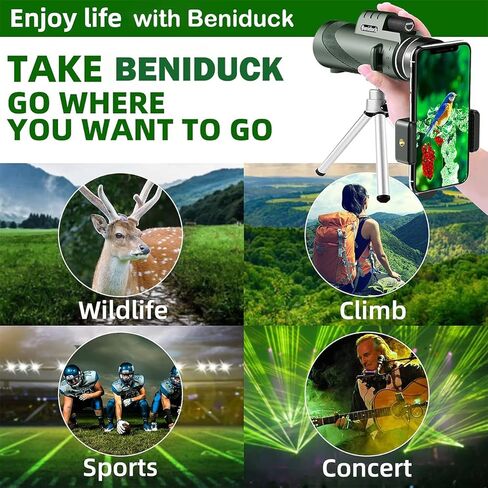 منظار Beniduck 40x60 أحادي العين عالي القوة للبالغين والأطفال مع محول الهاتف وحامل ثلاثي القوائم للتصوير الفوتوغرافي، منشور BAK4، لمشاهدة الطيور، ومشاهدة الألعاب الرياضية، والتخييم، والسفر، والمحمول in Kuwait