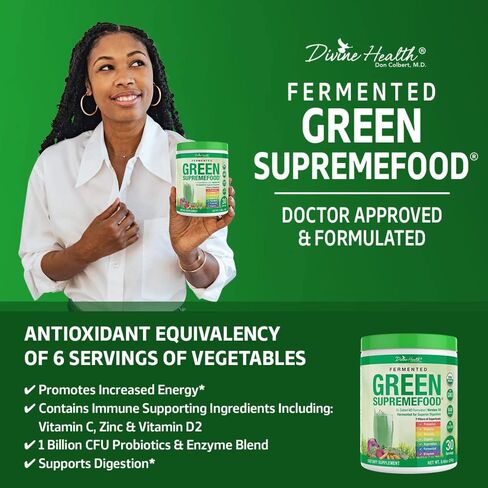 Divine Health Organic Fermented Green Supremefood - 10 Vegetables + 4 Grasses and Probiotics, Apple Cinnamon Flavor (30 Day Supply) in Kuwait