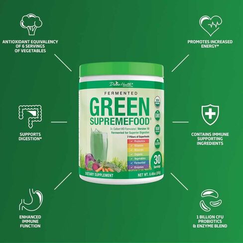 Divine Health Organic Fermented Green Supremefood - 10 Vegetables + 4 Grasses and Probiotics, Apple Cinnamon Flavor (30 Day Supply) in Kuwait