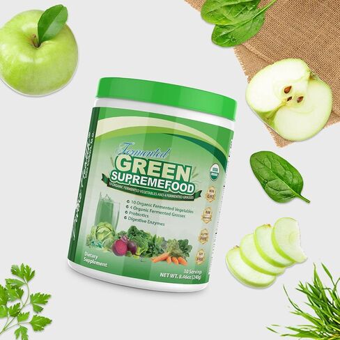 Divine Health Organic Fermented Green Supremefood - 10 Vegetables + 4 Grasses and Probiotics, Apple Cinnamon Flavor (30 Day Supply) in Kuwait