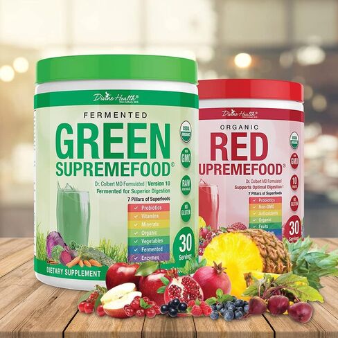Divine Health Organic Fermented Green Supremefood - 10 Vegetables + 4 Grasses and Probiotics, Apple Cinnamon Flavor (30 Day Supply) in Kuwait