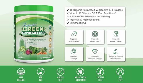 Divine Health Organic Fermented Green Supremefood - 10 Vegetables + 4 Grasses and Probiotics, Apple Cinnamon Flavor (30 Day Supply) in Kuwait