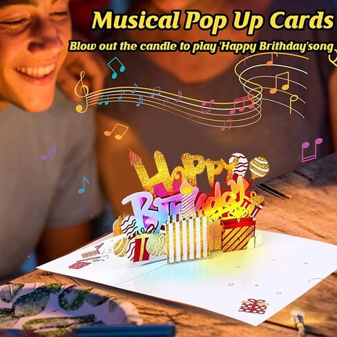 DMHZNB 3D Musical Birthday Card, LED Light and Play Happy Birthday Music Pop Up Card, Blowable LED Light Candle,Play Happy Birthday Music, in Saudi Arabia