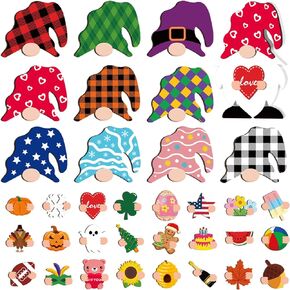Wesiti 37 Pcs Interchangeable Wooden Summer Gnome Decor DIY Holiday Seasonal Table Decoration with 24 Magnet and 12 Detachable Hats for Home(Cute)