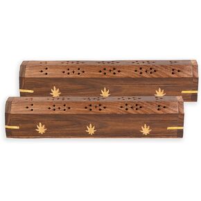 عبوتان - حامل عصا البخور - نمط التابوت - مبخرة عصا البخور الخشبية مع تطعيمات الكرمة (طبيعية) مصنوعة يدويًا بتطعيمات نحاسية in Kuwait