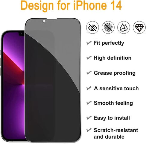 [2+2 Pack] Omio for iPhone 14 Privacy Screen Protector with Camera Lens Protector, 9H Tempered Glass HD Clear Anti-Scratch Tempered Glass Screen Camera Lens Protector Film Accessories Black in Kuwait