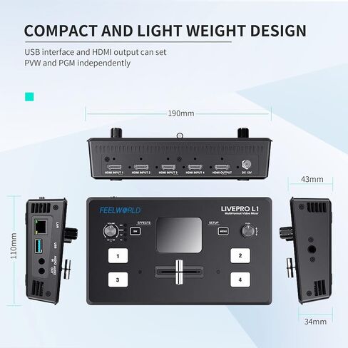 FEELWORLD L1 Multi Camera Video Mixer Switcher 2 Inch LCD Display 4 x HDMI Inputs USB 3.0 Output Live Streaming/Camera Production/Live Broadcast (with USB Cable + Adapter) in Saudi Arabia