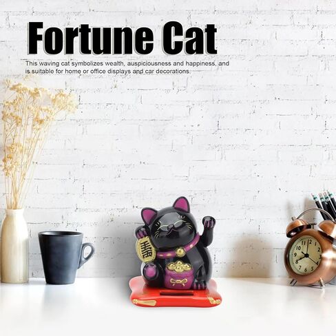 ديكور سيارة لاكي كات من وودسوفت، شاشة عرض منزلية تعمل بالطاقة الشمسية مع ذراع مموج، حظًا سعيدًا وثروة ترحيبًا بالقطط، عرض ديكور المنزل، ديكور فنغ شوي (أسود) in Kuwait