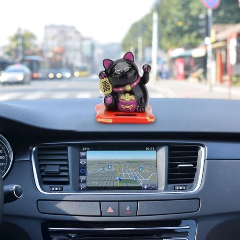 ديكور سيارة لاكي كات من وودسوفت، شاشة عرض منزلية تعمل بالطاقة الشمسية مع ذراع مموج، حظًا سعيدًا وثروة ترحيبًا بالقطط، عرض ديكور المنزل، ديكور فنغ شوي (أسود) in Kuwait