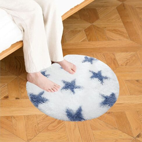 Ultra Soft Bedroom Rug, Round Fluffy Stars Area Rugs, Cute Circle Carpet Plush Rug for Bedroom Living Room Home Decor, Thick Shag Carpet 2 Feet for Kids Aldult (Blue Star) in Kuwait
