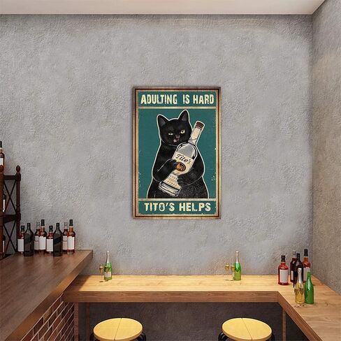لافتة عتيقة من القصدير بعبارة "Adult Is Hard Tito's Assists" لديكور الحائط بتصميم قطة سوداء مضحكة مقاس 8 × 12 انش (921) in Kuwait