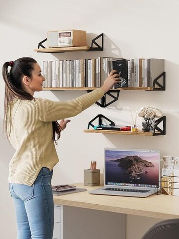 مجموعة أرفف أمادا العائمة مكونة من 4 قطع، رف كتب حائطي لغرفة المعيشة/غرفة النوم/المكتب، أرفف حائط من الخشب الريفي المتفحم الطبيعي، أرفف تخزين وديكور مع دعامة رف معدنية عائمة 6Dx17Wx4.5H بوصة in Kuwait