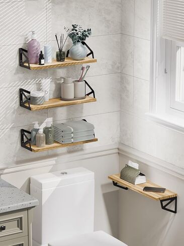 مجموعة أرفف أمادا العائمة مكونة من 4 قطع، رف كتب حائطي لغرفة المعيشة/غرفة النوم/المكتب، أرفف حائط من الخشب الريفي المتفحم الطبيعي، أرفف تخزين وديكور مع دعامة رف معدنية عائمة 6Dx17Wx4.5H بوصة in Kuwait