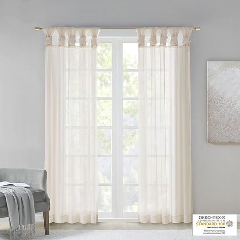 Madison Park Ceres DIY Twisted Tab Sheer Curtain, Pair Panels, Lightweight Window Treatment, Voile Privacy, Light Filtering Drape for Bedroom and Apartment, 50 in x 63 in, Ivory 2 Piece in Saudi Arabia