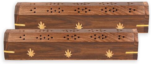 2 Pack - Incense Stick Holder - Coffin Style - Wood Incense Stick Burner with BUDDHA Inlays (NATURAL) Handmade with Brass Inlays in Saudi Arabia