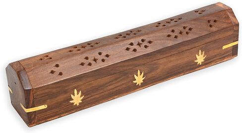 2 Pack - Incense Stick Holder - Coffin Style - Wood Incense Stick Burner with BUDDHA Inlays (NATURAL) Handmade with Brass Inlays in Saudi Arabia