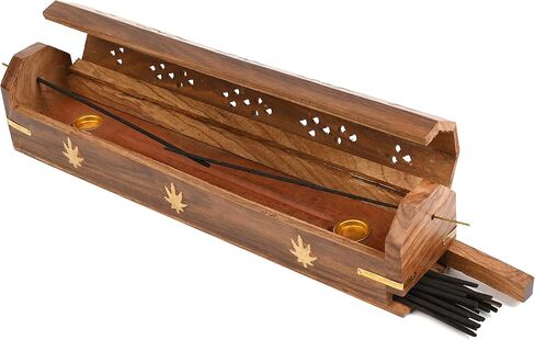 2 Pack - Incense Stick Holder - Coffin Style - Wood Incense Stick Burner with BUDDHA Inlays (NATURAL) Handmade with Brass Inlays in Saudi Arabia