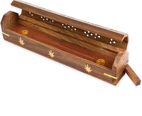 2 Pack - Incense Stick Holder - Coffin Style - Wood Incense Stick Burner with BUDDHA Inlays (NATURAL) Handmade with Brass Inlays in Saudi Arabia