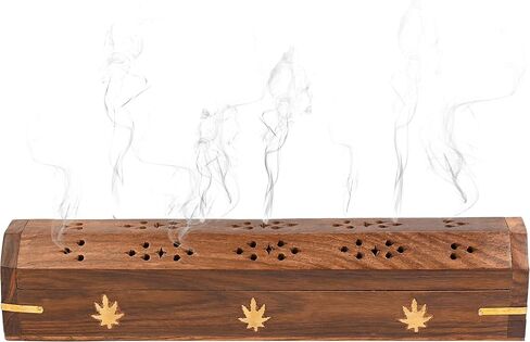 2 Pack - Incense Stick Holder - Coffin Style - Wood Incense Stick Burner with BUDDHA Inlays (NATURAL) Handmade with Brass Inlays in Saudi Arabia