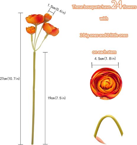 24 Pcs Mini Ranunculus Artificial Flowers with Real Touch Stems 11.5", Silk Flowers Arrangements for Home Decor Indoor (White) in Saudi Arabia