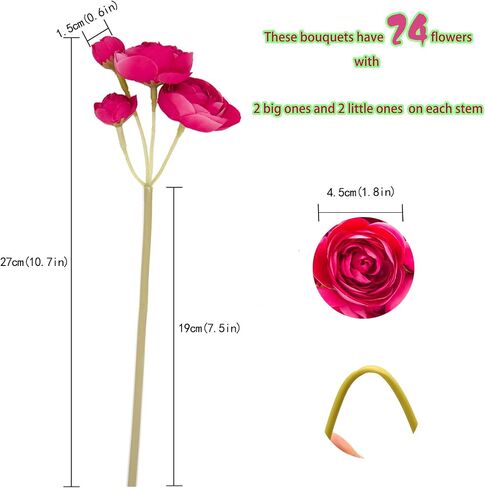 24 Pcs Mini Ranunculus Artificial Flowers with Real Touch Stems 11.5", Silk Flowers Arrangements for Home Decor Indoor (White) in Saudi Arabia