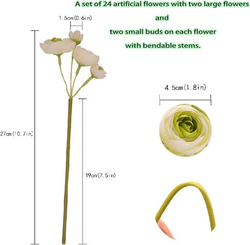 24 Pcs Mini Ranunculus Artificial Flowers with Real Touch Stems 11.5", Silk Flowers Arrangements for Home Decor Indoor (White) in Saudi Arabia