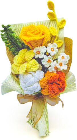 Crochet Bouquets, Crocheted Yarn Flowers, Handmade Crochet Rose Dandelion Balls Winterberry Fern Leaf as a Gift for Lover, Family,Friends.Finished Bouquet(Brown) in Kuwait