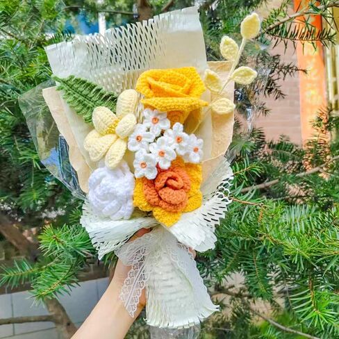 Crochet Bouquets, Crocheted Yarn Flowers, Handmade Crochet Rose Dandelion Balls Winterberry Fern Leaf as a Gift for Lover, Family,Friends.Finished Bouquet(Brown) in Kuwait