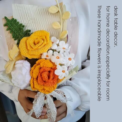 Crochet Bouquets, Crocheted Yarn Flowers, Handmade Crochet Rose Dandelion Balls Winterberry Fern Leaf as a Gift for Lover, Family,Friends.Finished Bouquet(Brown) in Kuwait