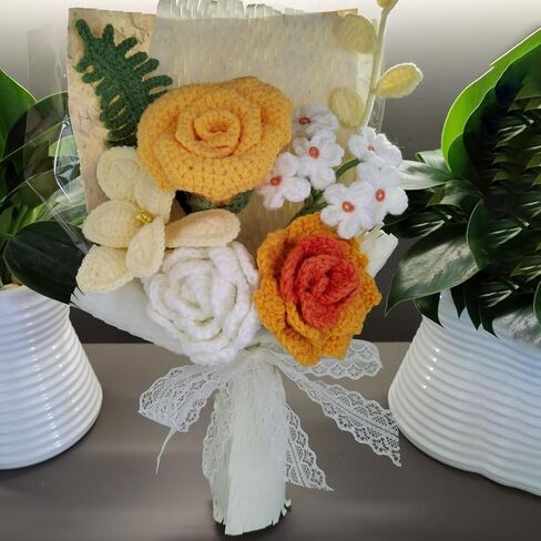 Crochet Bouquets, Crocheted Yarn Flowers, Handmade Crochet Rose Dandelion Balls Winterberry Fern Leaf as a Gift for Lover, Family,Friends.Finished Bouquet(Brown) in Kuwait