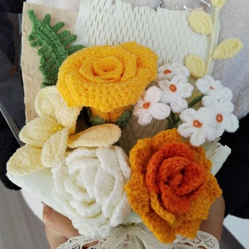 Crochet Bouquets, Crocheted Yarn Flowers, Handmade Crochet Rose Dandelion Balls Winterberry Fern Leaf as a Gift for Lover, Family,Friends.Finished Bouquet(Brown) in Kuwait