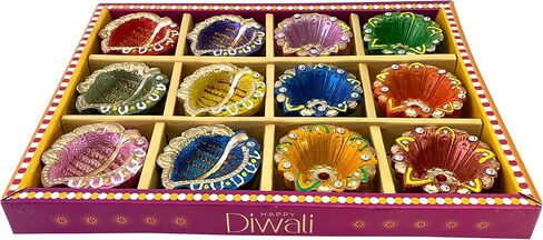 كيه اس جون ديكور ديوالي دياس اضواء ملونة من الطين التقليدي مصنوع يدويا من الطين لتزيين نافراتاري، صندوق هدايا ديوالي ومهرجان بوجا، مجموعة من 12 قطعة مع فتائل قطنية (تصميم 1) in Kuwait