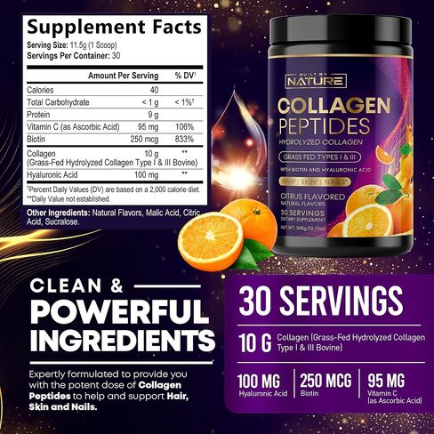 Collagen Powder, Hydrolyzed Type 1 & 3 Peptides, Grass-Fed with Hyaluronic Acid and Vitamin C, Healthy Hair, Skin, Nails, Bones & Joints, Keto & Paleo Friendly, Non-GMO, Citrus Flavor – 30 Servings in Saudi Arabia