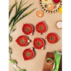 Premium Handmade Terracoaat Set of 6 Red Leaf Clay Diya for Diwali/Navratri Decorations Oil Lamp Diwali Clay Diya Tea Light Holder Indian Decor Festival Gifts Puja Items in Saudi Arabia